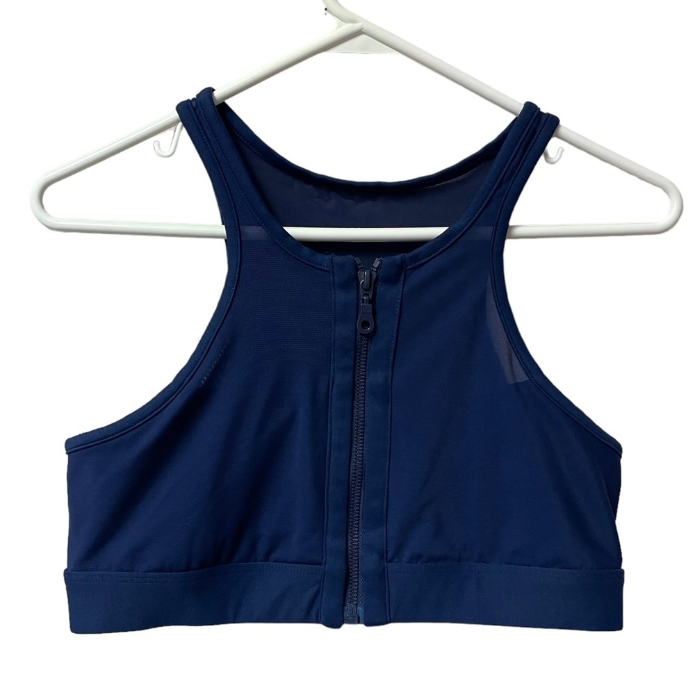 C&C Sport Zip-Front Navy Blue Mesh Athletic Yoga Workout Sports Bra TTS Large
